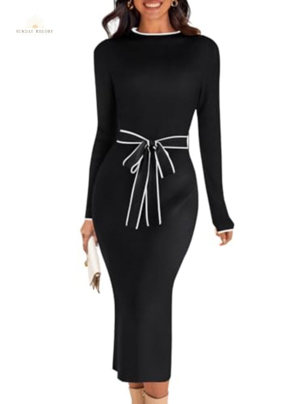 MEROKEETY Women's Long Sleeve Bodycon Tie Waist Midi Sweater Dress